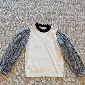 Veronica Beard White Sweater with Navy Striped Sleeves